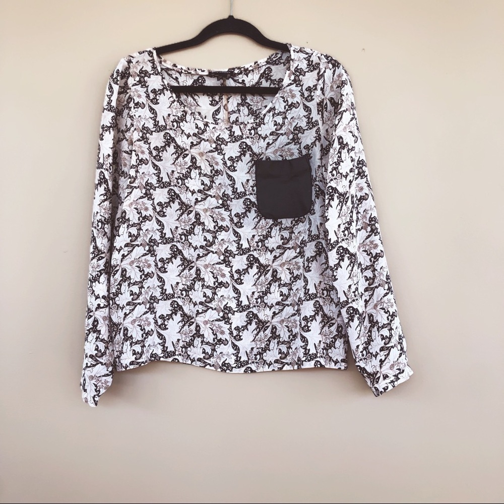 • Club Monaco • Silk Print Leather Pocket Blouse M